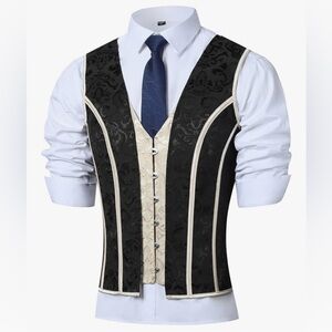 Huamyth Men's Corset Vest Waistcoat Lace Up Bones Beige Black Jacquard L NWT